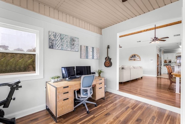 office area with ceiling fan, wood ceiling, and dark hardwood / wood-style flooring