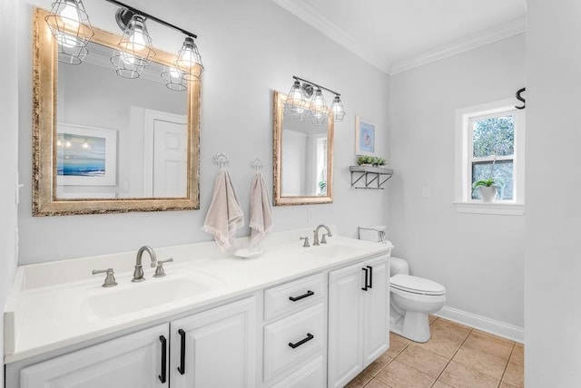 bathroom with crown molding, vanity, toilet, and tile patterned flooring