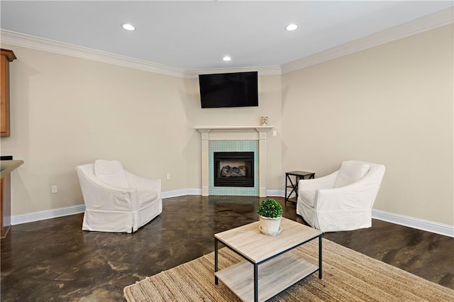 sitting room featuring concrete floors, crown molding, and a fireplace