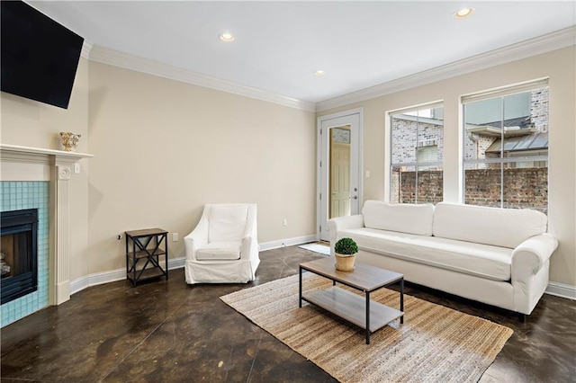 living room featuring a tiled fireplace and ornamental molding