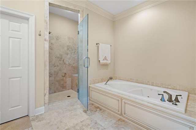 bathroom with independent shower and bath and ornamental molding