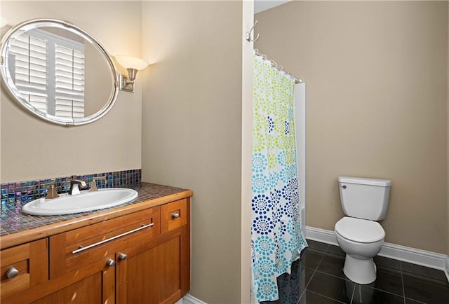 bathroom featuring walk in shower, toilet, tile patterned floors, and vanity