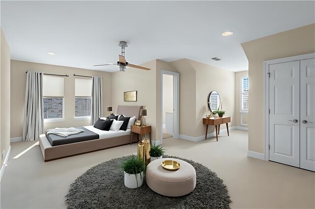 1207 Rue Degas, Mandeville, LA 70471 - bedroom with light carpet, recessed lighting, and a ceiling fan