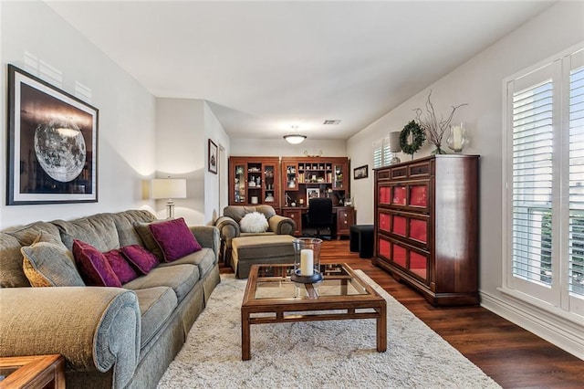 living room with a wealth of natural light and dark hardwood / wood-style floors