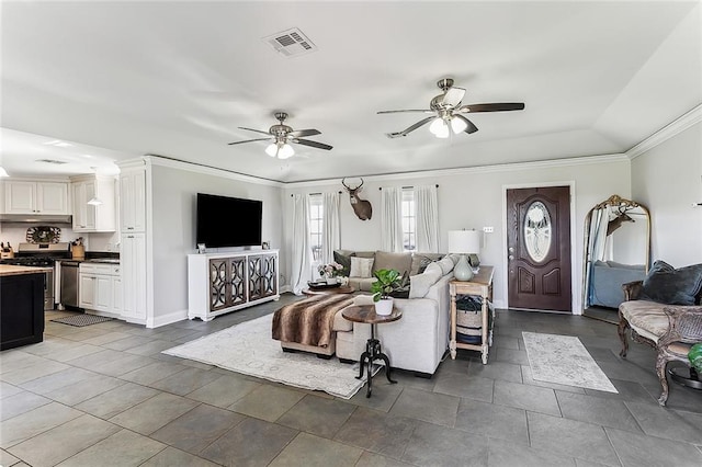 living area with crown molding, baseboards, visible vents, and ceiling fan