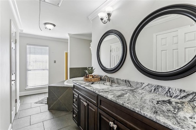 bathroom featuring vanity, baseboards, tile patterned flooring, and ornamental molding