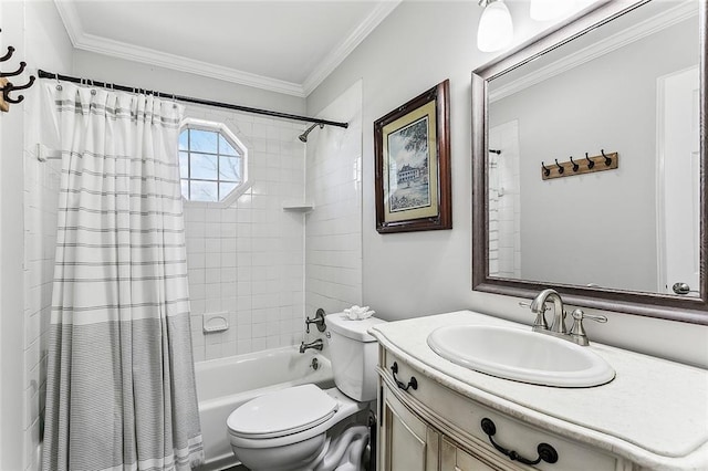 bathroom with toilet, vanity, crown molding, and shower / tub combo