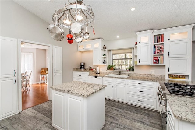 kitchen with a center island, sink, white cabinets, high end stainless steel range, and dark hardwood / wood-style floors