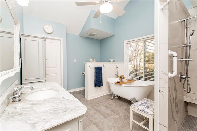 bathroom featuring separate shower and tub, ceiling fan, and vanity