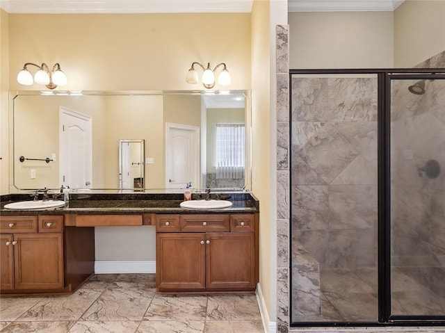 bathroom featuring vanity, ornamental molding, and an enclosed shower