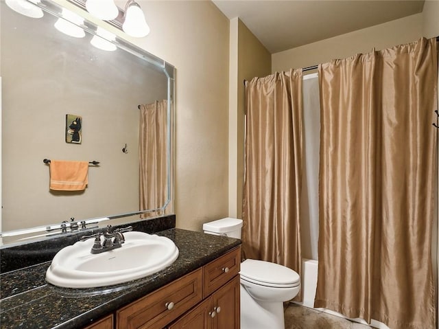 full bathroom with toilet, vanity, and shower / bathtub combination with curtain