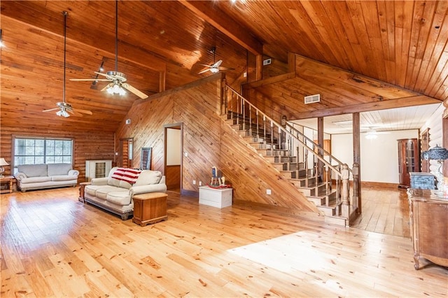 unfurnished living room featuring visible vents, wood walls, wood ceiling, stairs, and hardwood / wood-style floors