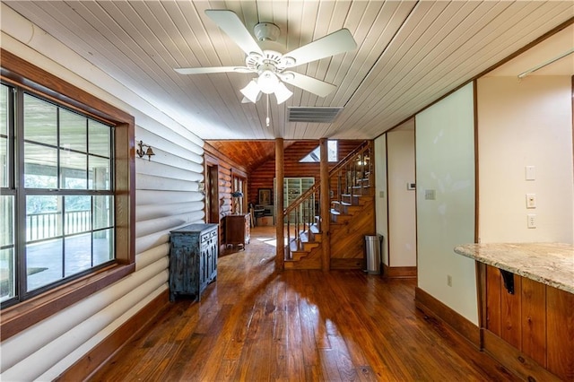 interior space featuring wood-type flooring, wood ceiling, visible vents, and a wealth of natural light