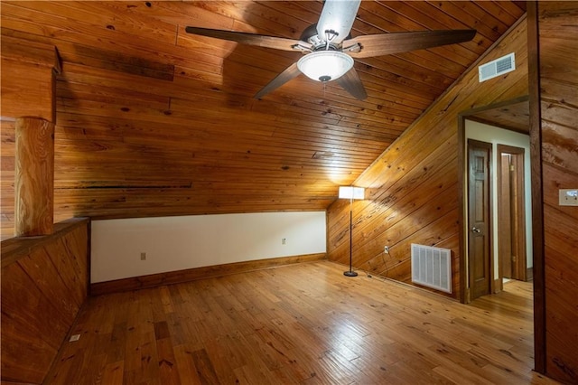 bonus room featuring hardwood / wood-style floors, wood ceiling, visible vents, and wood walls