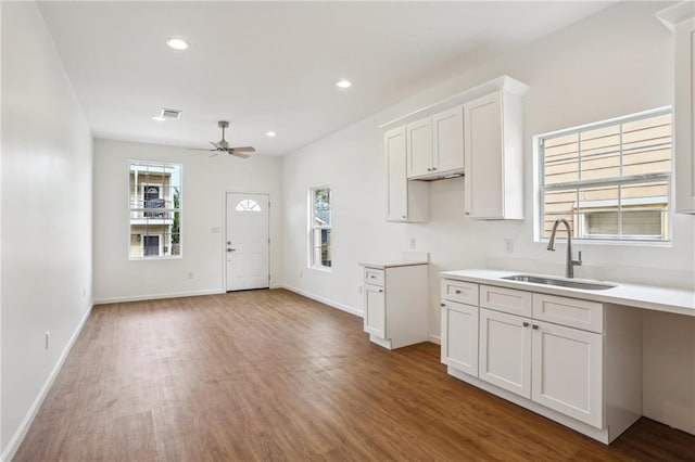 kitchen with ceiling fan, wood-type flooring, sink, and white cabinets