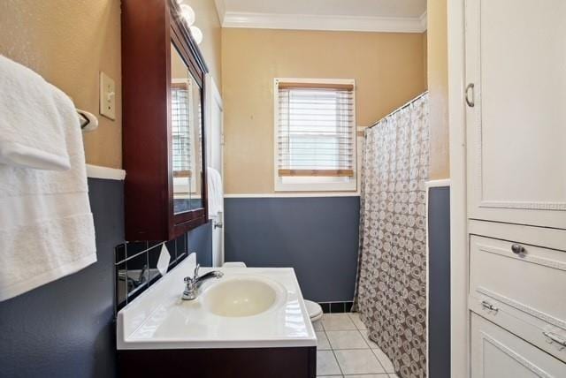 4937-39 S Miro St, New Orleans, LA 70125 - bathroom featuring vanity, tile patterned flooring, a shower with shower curtain, and crown molding