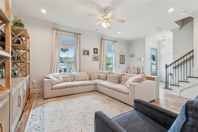 living room with light hardwood / wood-style floors, plenty of natural light, and crown molding