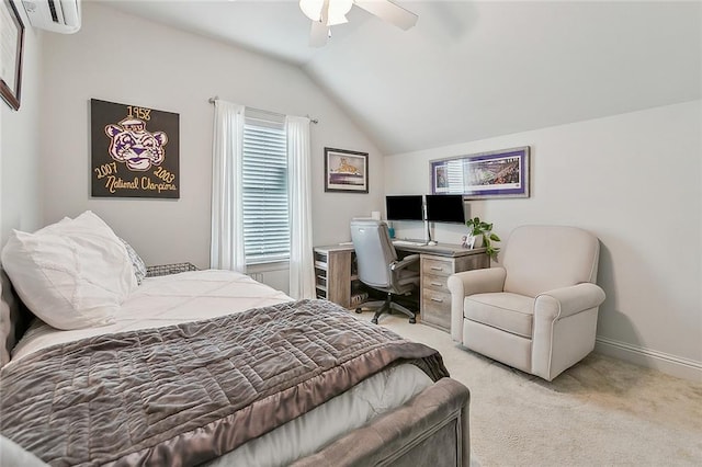 carpeted bedroom with ceiling fan, a wall mounted AC, and vaulted ceiling