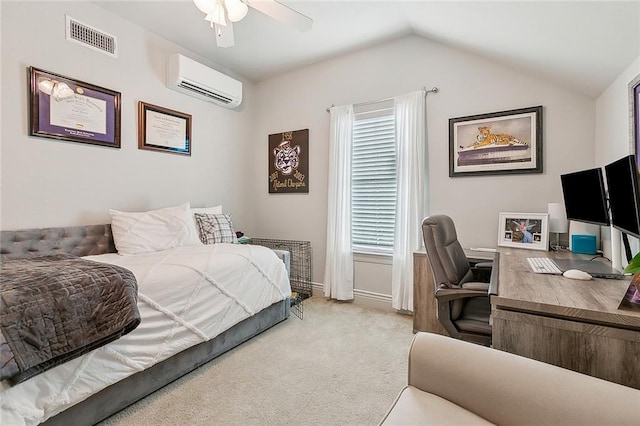 bedroom with light carpet, a wall mounted AC, lofted ceiling, and ceiling fan