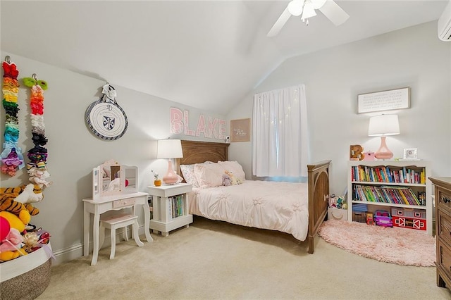 carpeted bedroom featuring lofted ceiling, an AC wall unit, and ceiling fan