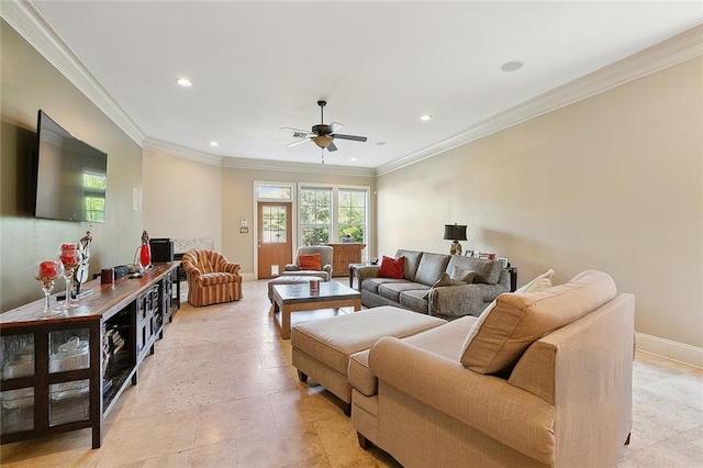 living room featuring ornamental molding and ceiling fan