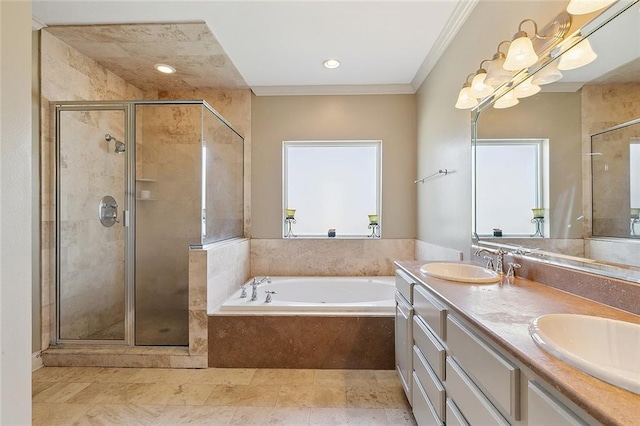 bathroom with vanity, a wealth of natural light, ornamental molding, and independent shower and bath