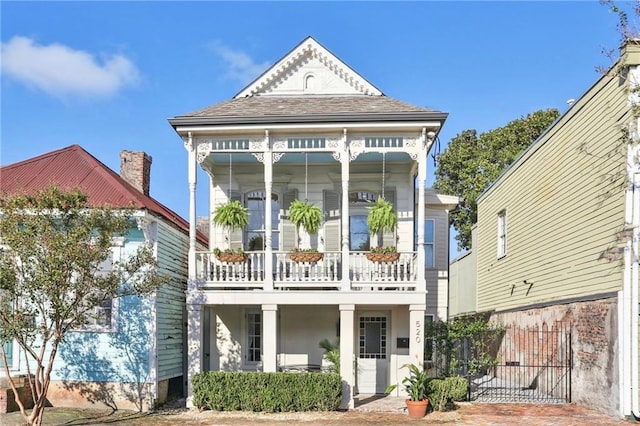 back of property featuring a porch and a balcony