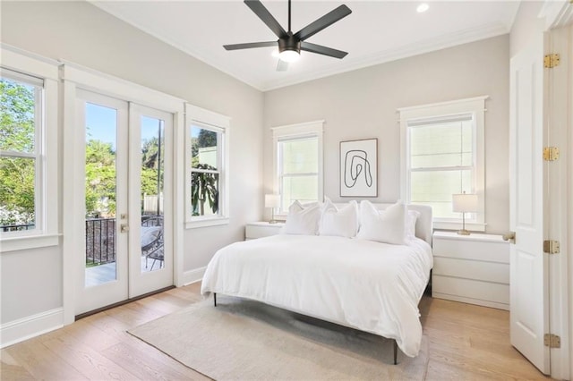 bedroom with ornamental molding, access to exterior, ceiling fan, and light hardwood / wood-style floors