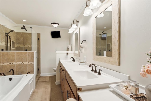 bathroom featuring plus walk in shower, vanity, ornamental molding, and tile patterned flooring