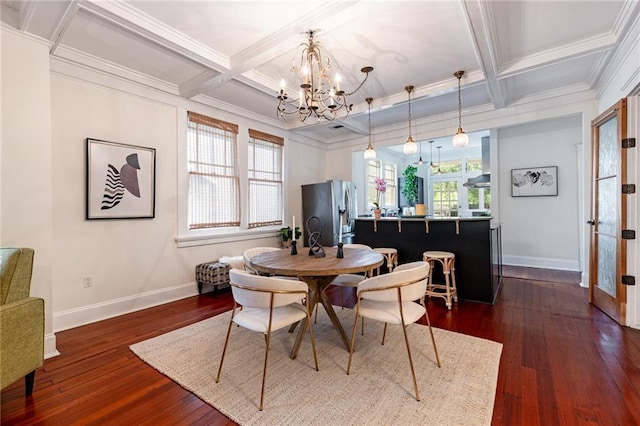 dining area featuring dark wood-type flooring, crown molding, beamed ceiling, and coffered ceiling