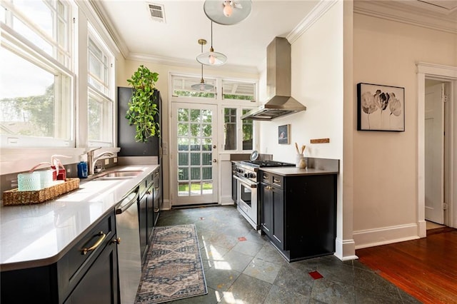 kitchen featuring hanging light fixtures, island range hood, sink, stainless steel appliances, and a healthy amount of sunlight