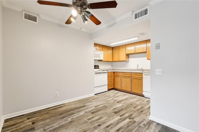 kitchen with white appliances, light hardwood / wood-style floors, sink, ceiling fan, and crown molding