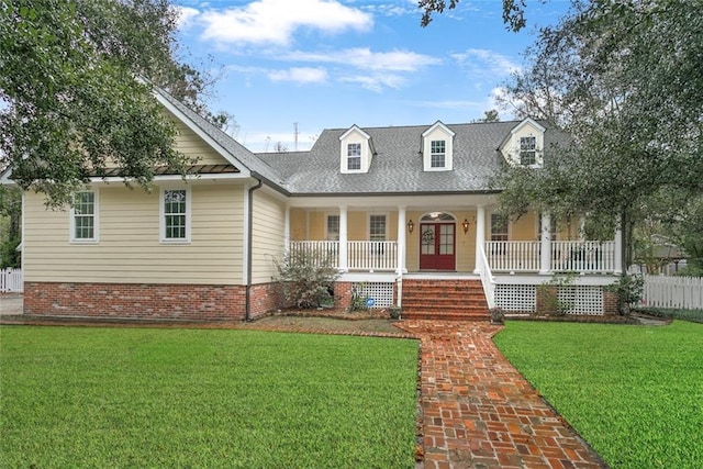 cape cod house with covered porch and a front lawn