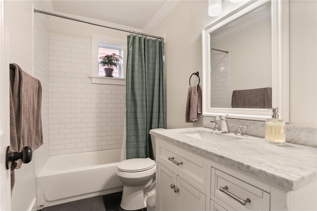 full bathroom featuring tile patterned flooring, shower / tub combo with curtain, toilet, vanity, and ornamental molding