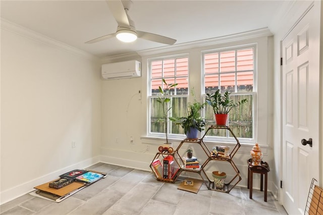 miscellaneous room featuring ceiling fan, ornamental molding, and a wall unit AC