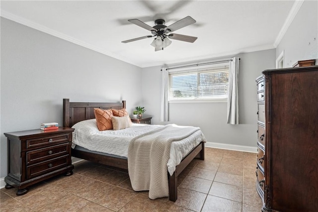 tiled bedroom with ceiling fan and crown molding