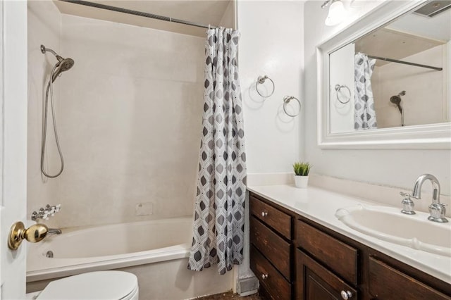 full bathroom with toilet, vanity, and shower / tub combo with curtain