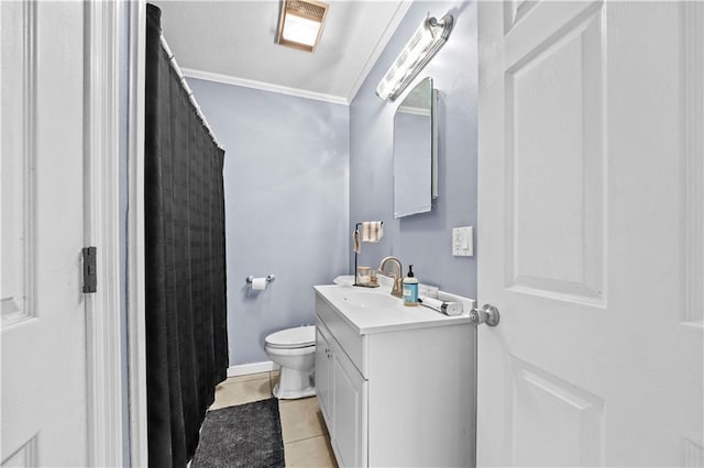 bathroom featuring walk in shower, toilet, crown molding, vanity, and tile patterned flooring