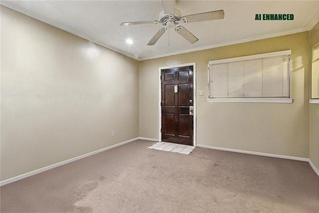 foyer with light carpet, ceiling fan, and ornamental molding