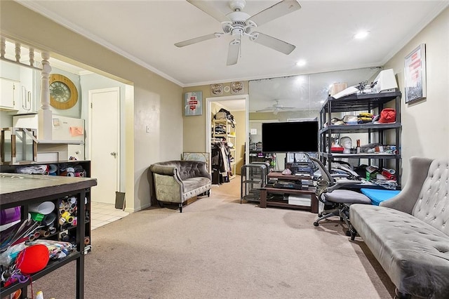 interior space featuring ornamental molding, ceiling fan, and light colored carpet