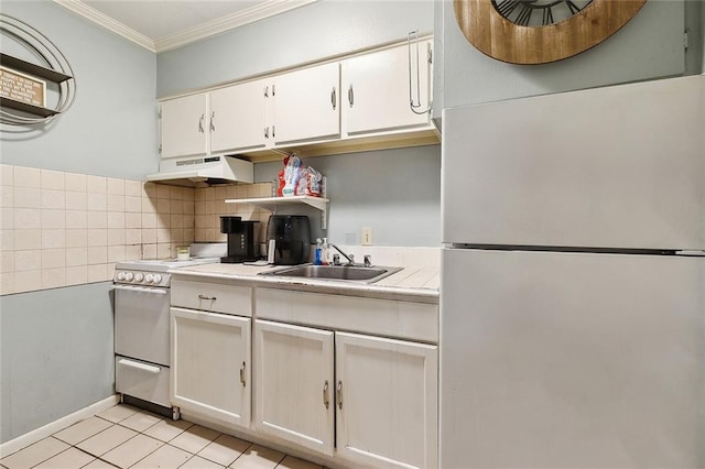 kitchen with white cabinets, white appliances, crown molding, and sink