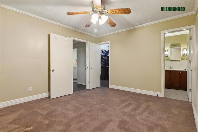 unfurnished bedroom with carpet, ensuite bath, ceiling fan, and ornamental molding