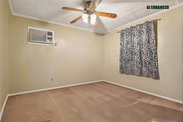 unfurnished room featuring ceiling fan, carpet, ornamental molding, and a wall unit AC