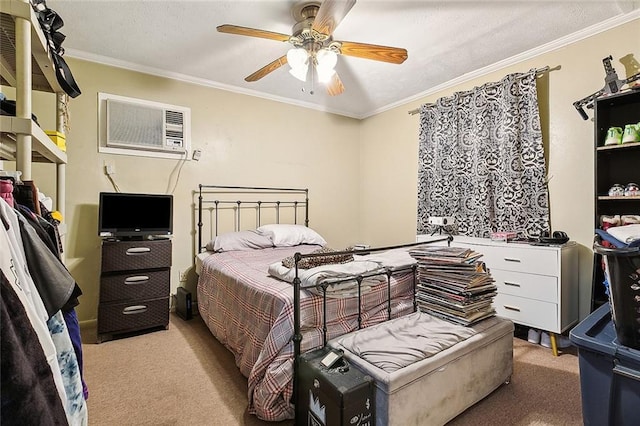 bedroom with light carpet, ceiling fan, ornamental molding, and a wall mounted air conditioner