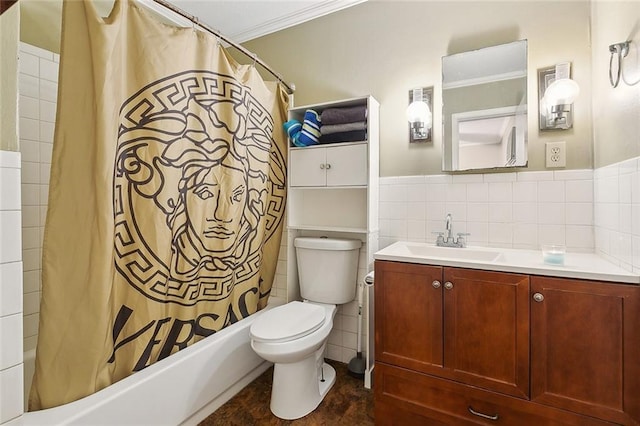 full bathroom with shower / bathtub combination with curtain, vanity, tasteful backsplash, tile walls, and toilet