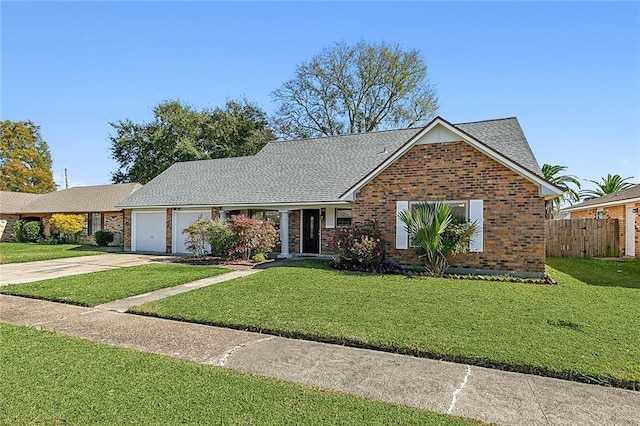 ranch-style home with a garage, concrete driveway, fence, a front lawn, and brick siding