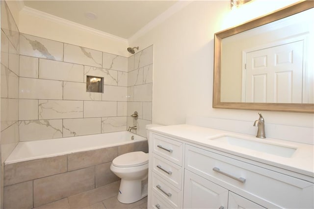 full bathroom with tiled shower / bath combo, ornamental molding, vanity, and toilet