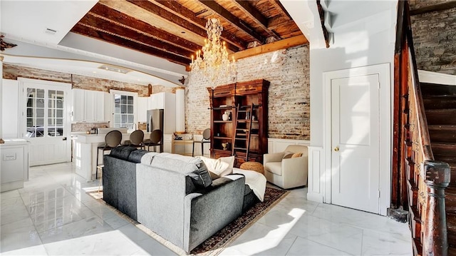 living room featuring wooden ceiling, a chandelier, and beamed ceiling