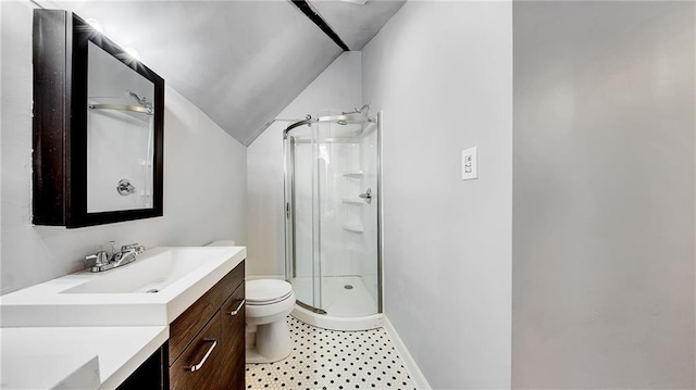 bathroom featuring vanity, vaulted ceiling, an enclosed shower, and toilet