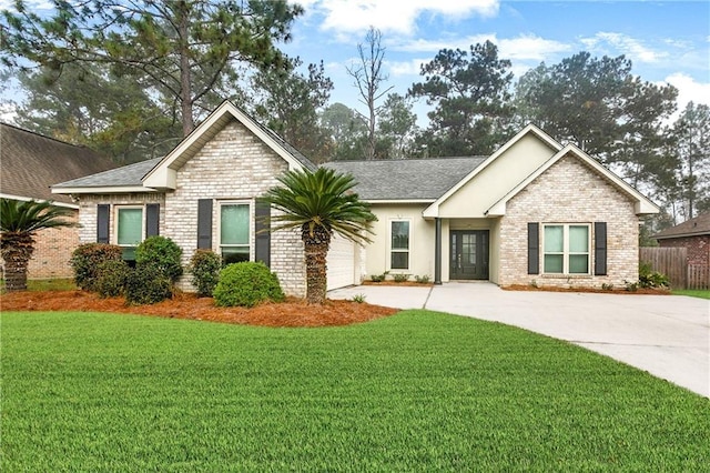 view of front facade with a garage and a front lawn